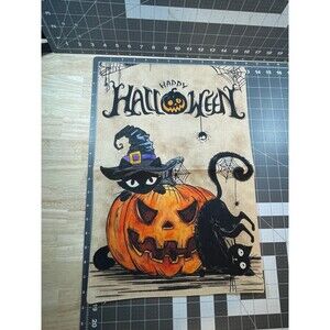 Halloween Garden Flag “Happy Halloween” with Black Cats & Pumpkin – Spooky Cute